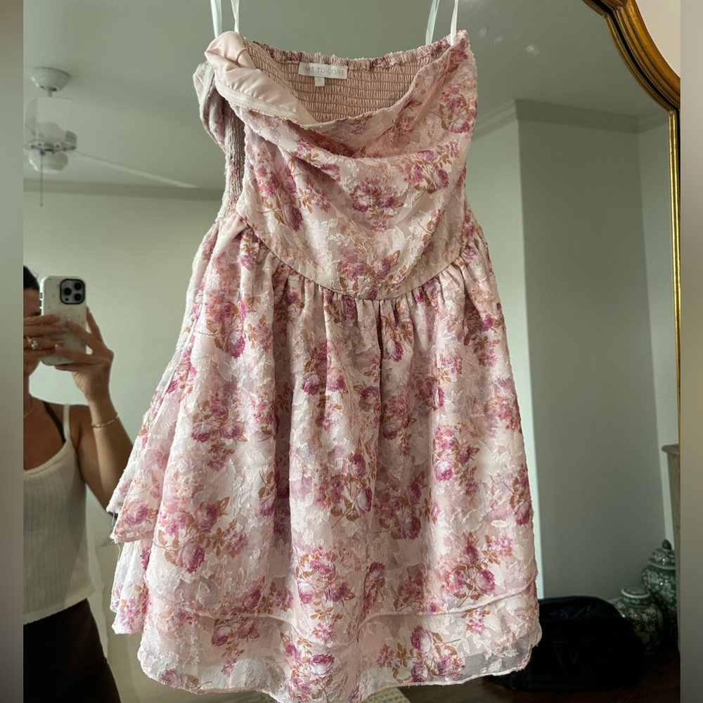 Pink Floral Mini Dress with Lace Overlay